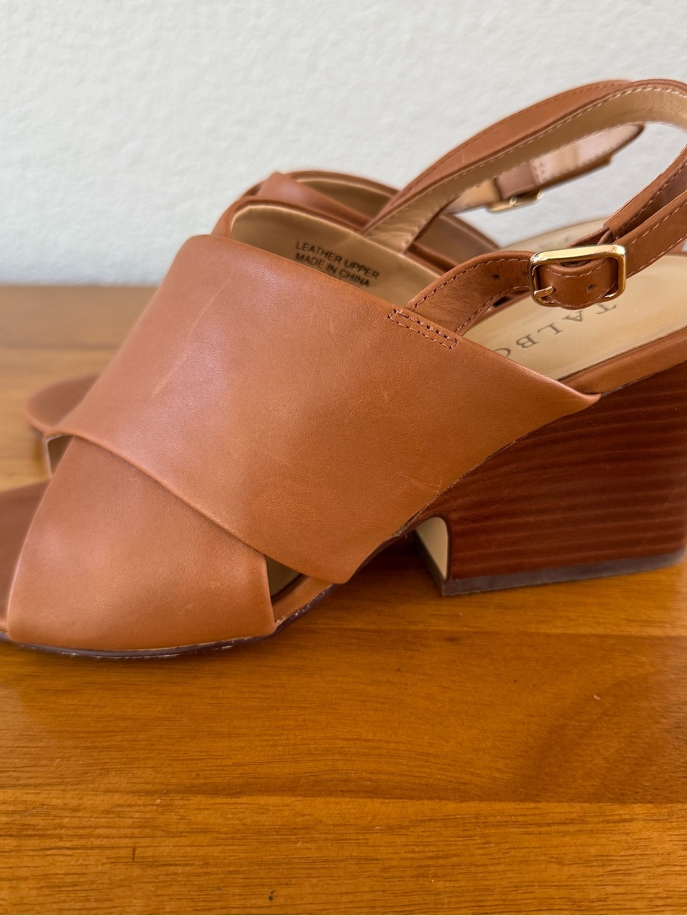 Talbots Wedge Shoe Sandals Size 7.5M- Slingback - Tan - 3.5" Heel Leather Uppers